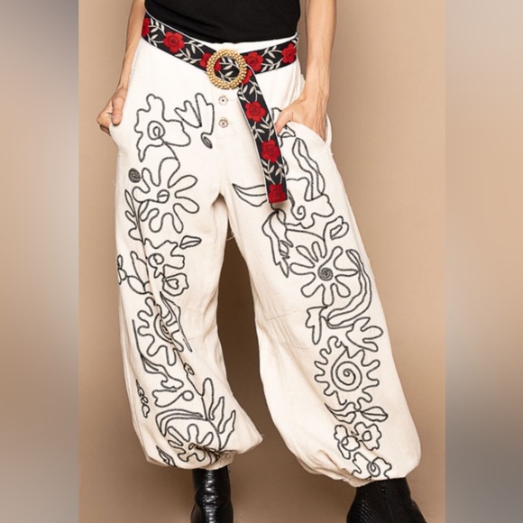 POL Cream Floral Print Wide Drawstring Denim Pants